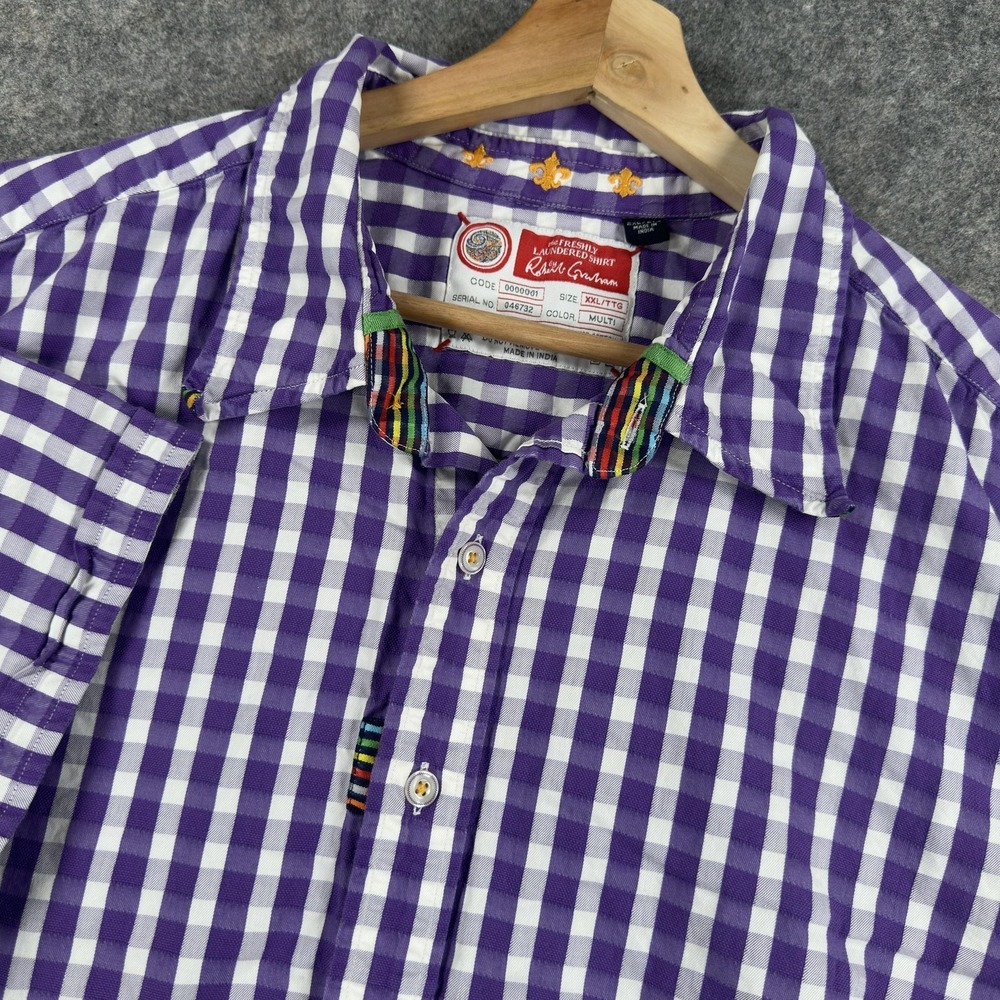 Robert Graham Shirt Mens 2XL Purple Check‎ Cotton Short Sleeve Button Front